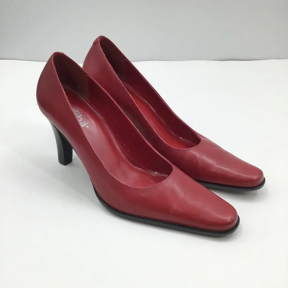Diba Shoes - Women's Diba Red Leather Pumps 6.5 Brazilian Stacked 4" Heels Square Toe Classic